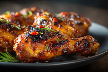 Authentical barbecue chicken drumsticks with hot chili sauce as marinade served as close-up on a design plate with copy space