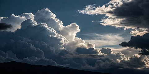 A dramatic sky filled with billowing clouds illuminated by sunlight and dark shadows overhead at dusk