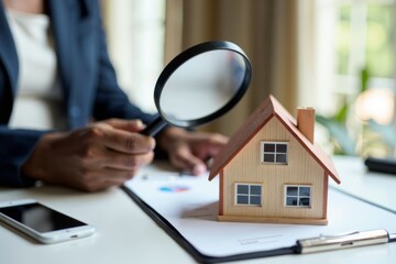 Close-Up Image of an African American Businesswoman Inspecting Model House with Magnifier for Real Estate Appraisal.