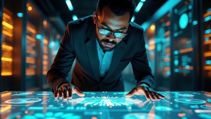 Man interacting with futuristic holographic display in server room