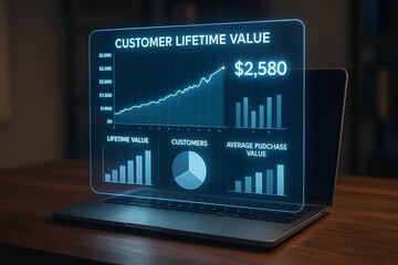 Analyzing customer lifetime value with data visualization on laptop screen