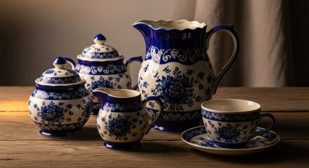 Blue and white ceramic tea set on a rustic wooden table