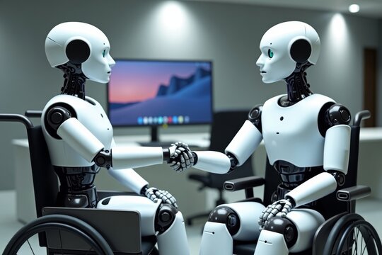 Two humanoid robots shaking hands in front of a computer while seated on a wheelchair and chair.