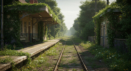 Overgrown railway station with vegetation covering the buildings and the train tracks in the distance