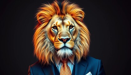 A majestic lion, impeccably dressed in a suit and tie, commands attention,  creative,  generative art