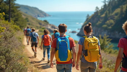 High school students hike along coastal trail on field trip, enjoying outdoor education, nature exploration. Backpacking teens walk through forest path by ocean under sunshine, learning about ecology.