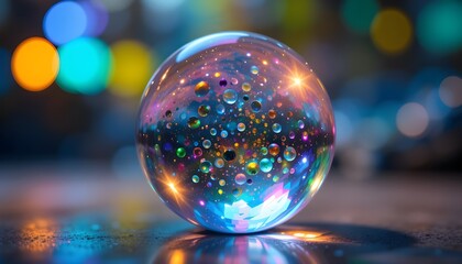 Transparent soap bubble, swirling rainbow patterns, macro close-up, dreamy atmosphere