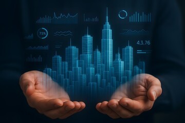 Smart city concept digital building hologram in hands with data visualization