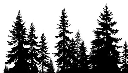 Monochrome vector illustration of a stylized spruce forest silhouette against a plain background,  simple,  black