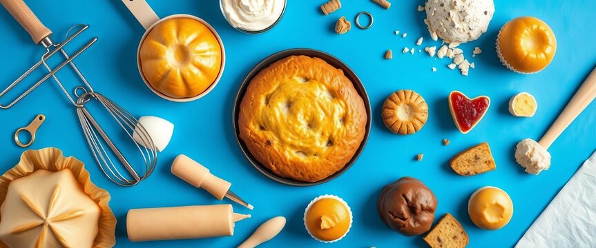 Assortment of baking tools and baked goods on a blue background, sweet, measuring cups