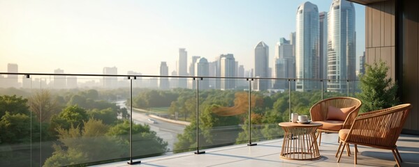 Modern balcony with comfortable rattan furniture, coffee setup offers clear view of city park. Busy city skyline gently blurred behind creating serene urban ambiance for relaxation, enjoying hot