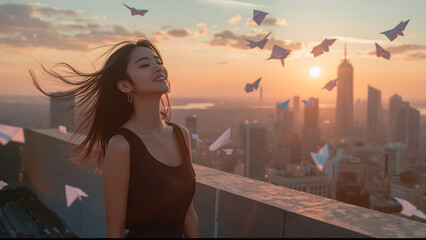 : Young woman enjoying sunset on rooftop with flying paper planes