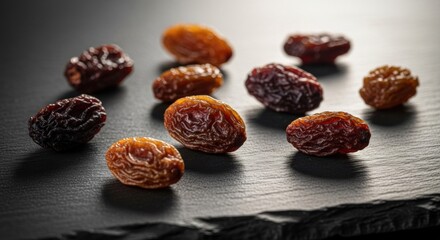 Assorted raisins on dark stone