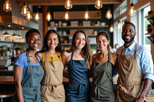 Restaurant Staff from Different Backgrounds Standing United, Offering Warm Hospitality to Customers