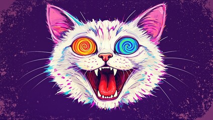 Psychedelic white cat with swirling eyes and open mouth.