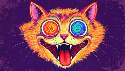 Psychedelic cat face with swirling rainbow eyes, wide grin, and tongue out.
