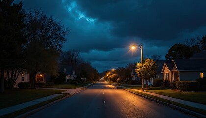 Quiet suburban street at night, illuminated by warm porch lights and street lamps. Dark, cloudy sky above. Houses in a row line the road, creating a peaceful, residential atmosphere.