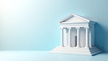 Obraz premium Minimalist 3D render of white classical building model with three pillars. Structure sits on white steps against light blue background, evoking concepts of banking, government, law. Simple design