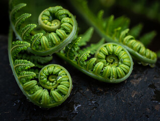 Close up of unfurling fern fronds with water droplets 1