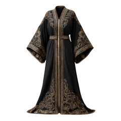 Traditional abaya with metallic gold embroidery, isolated on the transparent background