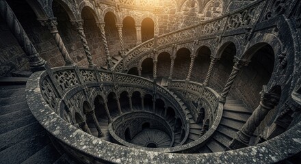 Ancient spiral staircase descending into darkness