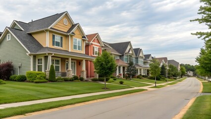 A residential street lined with colorful houses and green lawns under a cloudy sky in a suburban area