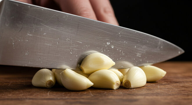 Macro shot of garlic cloves being crushed under a chef&rsquo;s knife