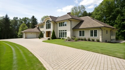 Exterior view of a large cream colored house with a brick driveway and green lawn on a sunny day