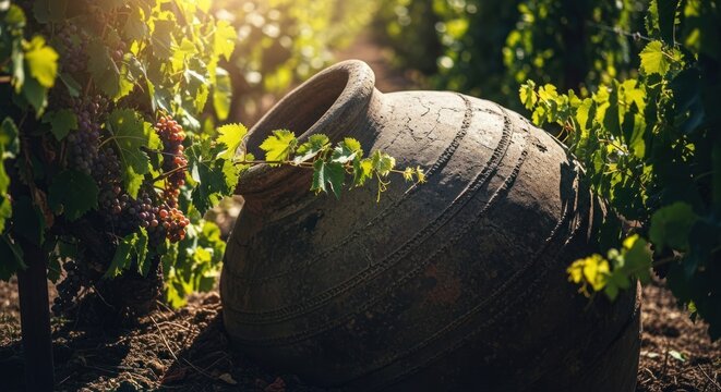 Aged terracotta amphora nestled amongst grapevines in sunlit vineyard