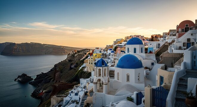 Aegean sunset over Santorini. Colorful buildings with blue domes cluster on a cliff overlooking a calm sea at golden hour