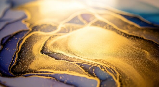 Abstract gold and dark blue marbled liquid art