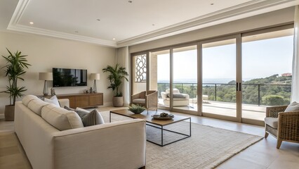 Fototapeta premium Bright living room with large sliding doors and balcony overlooking a lush green landscape view