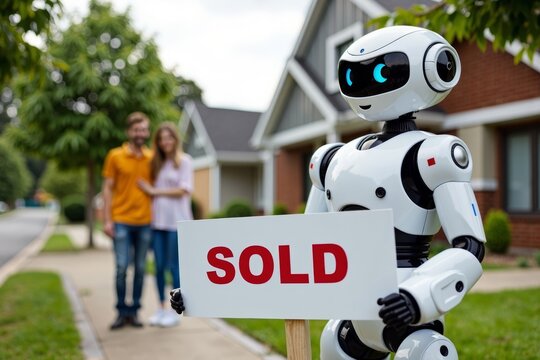 Portrait of a Joyful Humanoid Robot Celebrating Purchase of New Home with Family