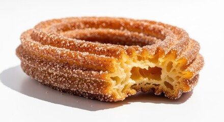 A sugared, fried ring donut with a bite taken out