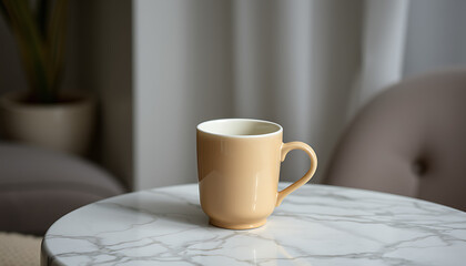 Fototapeta premium Elegant coffee mug on marble table creates a calming, serene atmosphere for relaxation and comfort