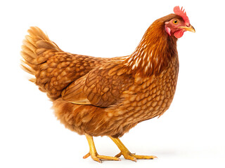 Fototapeta premium A single brown hen standing on a white background in a studio setting with good lighting detail