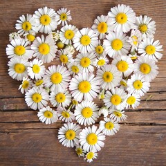 Obraz premium Heart-Shaped Arrangement of White and Yellow Daisies on Soft Green Background – Springtime Love Theme