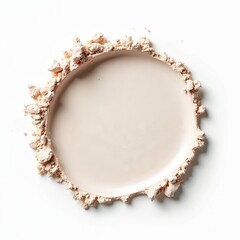 Close-up of cosmetic face powder on white background. Pressed powder, also known as loose powder, offers fine texture for makeup application. Available in light, neutral shade, suits various skin
