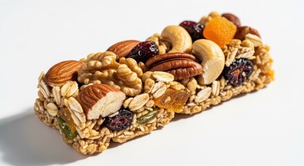 A granola bar, filled with nuts, dried fruit, and oats, sits on a white background