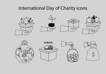 International day of charity icons. Outline Editable stroke charity donation icons Vector illustration. coin, foods, money bag, tree, hand, map, bank, earth, box, love vector.