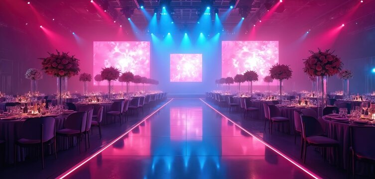 Luxurious event space ready for gala dinner conference. Features elegant table settings with floral centerpieces, ambient lighting, large projection screens. Modern design with runway-like aisle