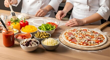 Naklejka premium Preparing homemade pizza with fresh ingredients, including tomatoes, cheese, mushrooms, and peppers, on a wooden table in a kitchen, showcasing italian cuisine and culinary art