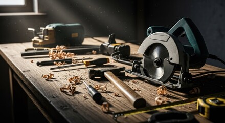 Workshop tools on a wooden workbench, lit by sunlight.  Scattered sawdust and shavings