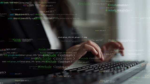 A business professional is intensely focused on coding, with snippets of programming language floating around, symbolizing innovation and digital advancement in work environments. Xenic