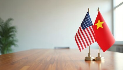 US, Vietnam flags stand side by side on wooden table. Image international relations, diplomacy, potential cooperation between nations. Represents formal meeting discussion, national symbols, unity.