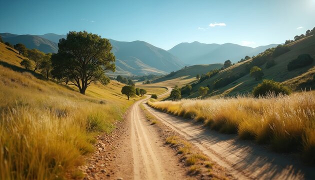 Picturesque dirt road winds through rolling hills and rich green landscape under a clear blue sky. Tall golden grasses line the path, inviting travelers on a scenic journey into nature.