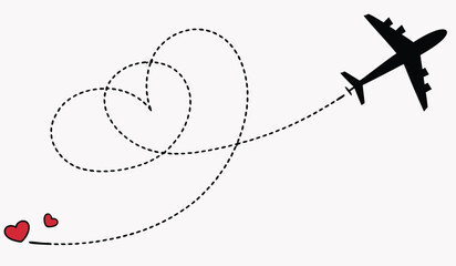 airplane flying with heart shaped trail. plane symbol with dotted line route. design for travel, honeymoon, holiday. transparent vector