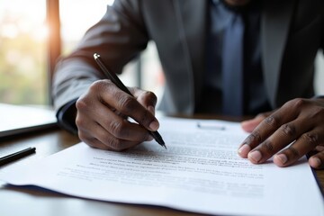 African American man signs privacy policy notice and legal agreement with pen while reading.