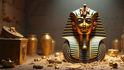 Golden mask of Egyptian Pharaoh Tutankhamun in tomb. Treasures, artifacts, gold vases, sarcophagus in sandy burial chamber. Ancient Egyptian culture, history, royalty, religion, afterlife mystery,