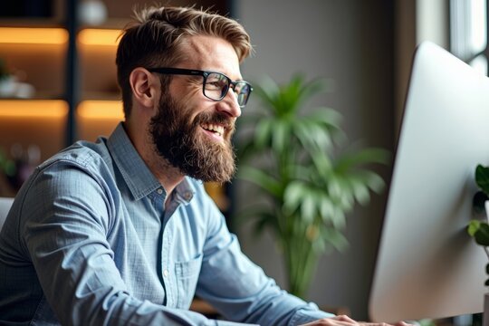 Young man with a stylish beard and glasses smiling as he works at his computer desk